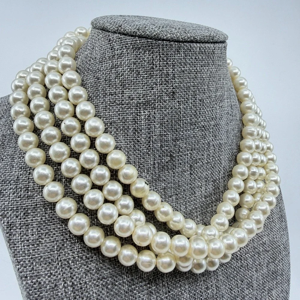 Cream Faux Pearl Multi Strand Necklace Chunky Coquette Statement Wedding Gift